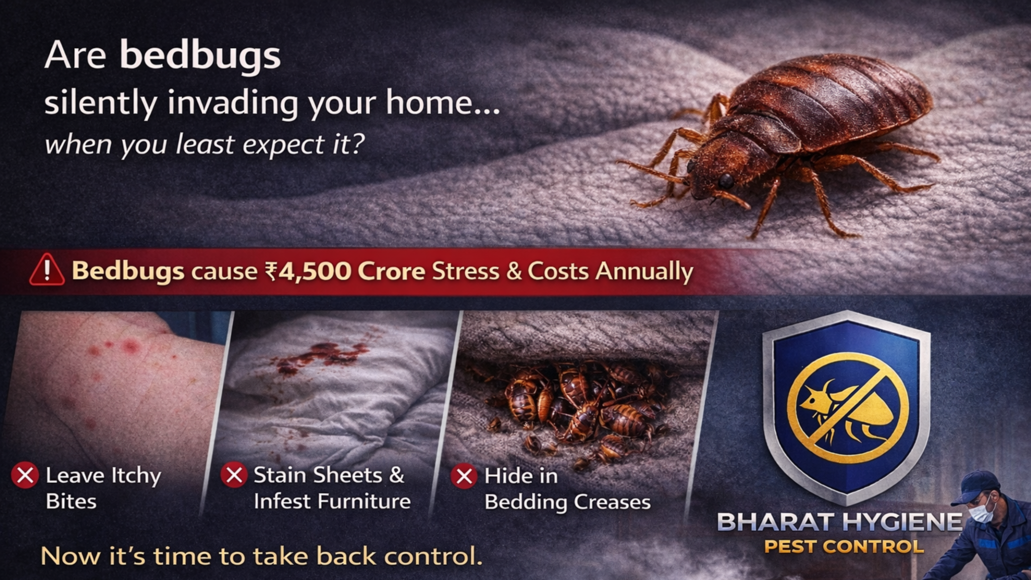 Bed bug infestation on mattress with bites and professional pest control treatment by Bharat Hygiene