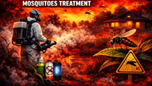 Professional mosquito pest control treatment using fogging machine in Delhi NCR residential area Pest control technician performing mosquito fogging treatment to eliminate mosquitoes in residential area in Delhi NCR